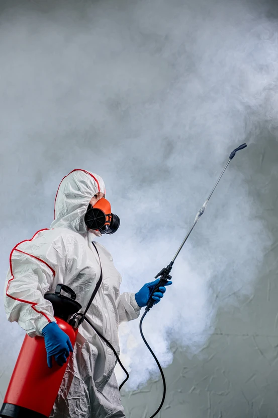 le désinfectant dans une combinaison de protection conduit la désinfection dans une zone contaminée
