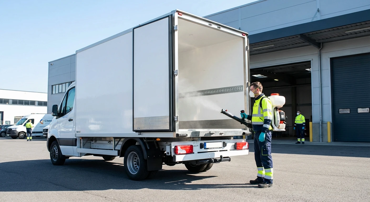 Photographie d'un camion frigorifique blanc ou gris de transport alimentaire photographié de l'extérieur en journée, avec les portes arrière visibles. À proximité ou en arrière-plan, un technicien en tenue professionnelle (gilet de travail ou combinaison) avec équipement de désinfection portable ou diffuseur de brouillard sec. L'image doit transmettre le professionnalisme et la technologie de désinfection appliquée aux véhicules de transport.