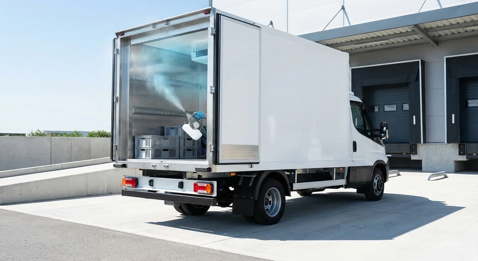 Camion fourgon blanc ou gris de transport alimentaire, équipé de compartiments frigorifiques, photographié de trois-quarts montrant son professionnalisme. Le véhicule peut être en parking ou en mouvement. La photo doit transmettre la sécurité, l'hygiène et la conformité réglementaire nécessaires au transport de denrées alimentaires.