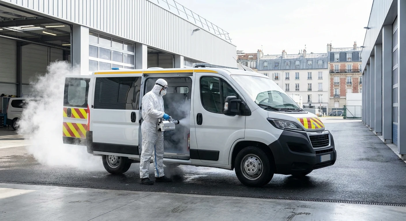 Photographie d'un ambulance ou véhicule sanitaire blanc depuis l'angle avant-latéral, en cours de désinfection par brouillard sec. Un technicien en combinaison de protection blanche intégrale et masque respiratoire applique le traitement par pulvérisation, le brouillard blanc visible sortant de l'intérieur du véhicule par les portes et fenêtres ouvertes. L'environnement est professionnel, en garage ou parking extérieur. L'image transmet le professionnalisme et l'efficacité du procédé de désinfection appliqué spécifiquement aux véhicules sanitaires.