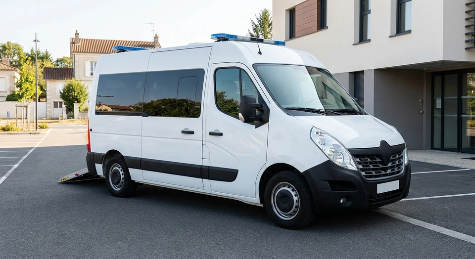 Photographie professionnelle d'un véhicule ambulance ou VSL (véhicule sanitaire léger) blanc ou de couleur standard, photographié en trois-quarts avant, stationné et bien visible. Le véhicule doit être propre et en bon état. La scène est en extérieur en plein jour avec un éclairage naturel clair. Arrière-plan neutre (parking ou terrain professionnel). L'image communique le sérieux et la professionnalité du transport sanitaire.